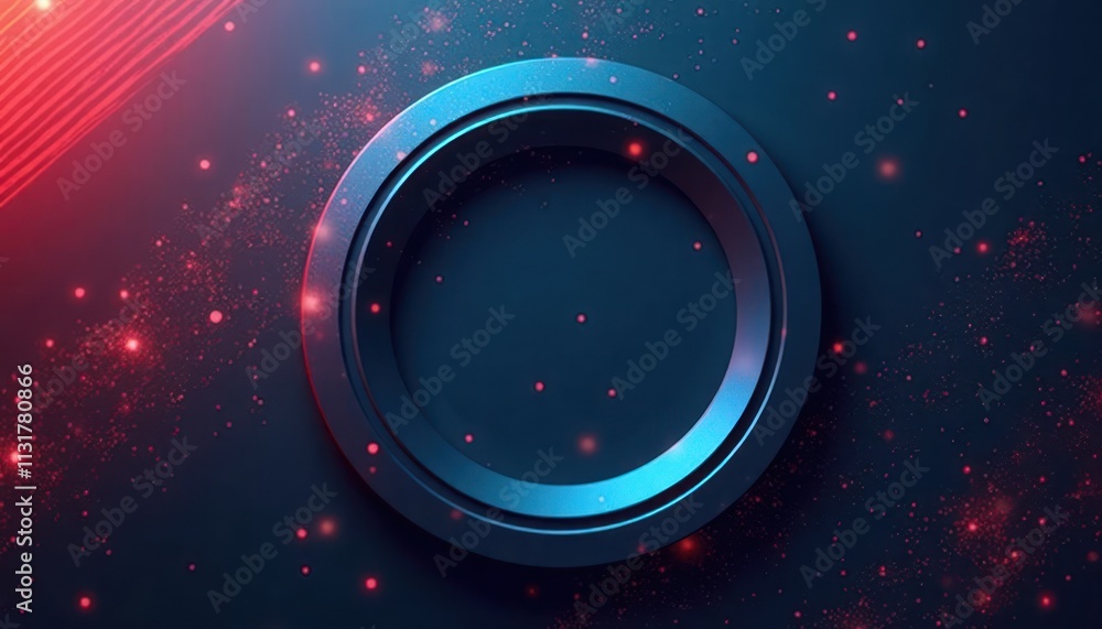 Poster Abstract 3D design with blue, red colors. Circular stripes, layers create modern look. Background dark space. Ideal for tech banners flyers cards. Future style graphic design element. Overlapping