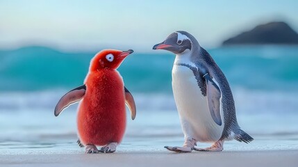 Fototapeta premium Adorable Red Penguin Chick Gentoo on Beach Falkland Islands