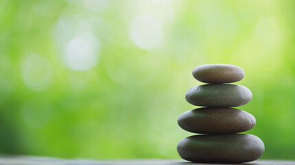 Obraz premium Balanced stones on lush background symbolizing peace and tranquility.