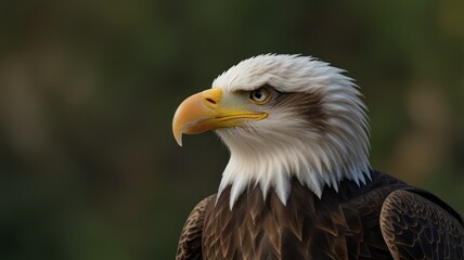 Majestic bald eagle portrait, sharp focus on head and feathers against blurred green background.