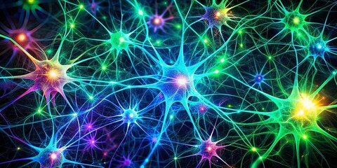 Obraz premium A vibrant and intricate network of glowing neurons, their interconnected branches forming a dazzling tapestry of color against a dark background.