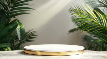 Obraz premium 3D render of a white empty podium platform with a golden rim and green palm leaves in the background