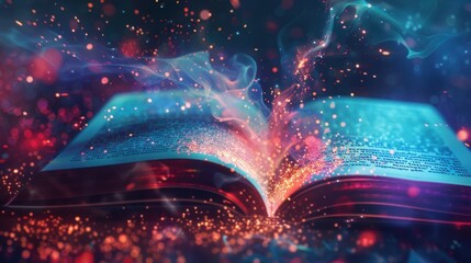 Open book radiating magic and vibrant lights in the dark, crafting a mystical and enchanting atmosphere with its glowing pages, inviting wonder and sparking imagination