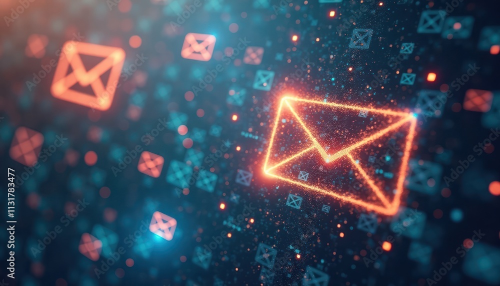 Poster futuristic email icon glows on abstract digital background. abstract tech design. dynamic email sign