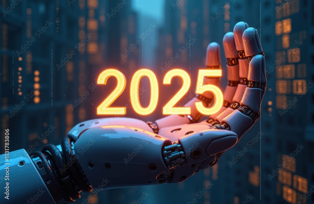 Poster futuristic robot hand holds glowing 2025 number. binary code surrounds hand. image tech advancements