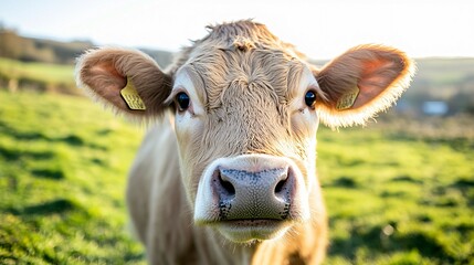 Young Blonde Cow Gazes Directly At The Camera In A Pasture