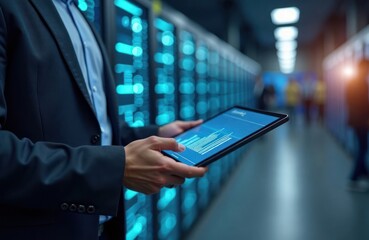 consultant checks server room performance using tablet. Metrics show server status. Business professional assesses tech infrastructure. Modern tech environment. Expert analyzes security data. Data