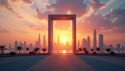 Dubai Frame architectural landmark at sunrise. City skyline viewed through archway. Palm trees, calm water reflecting colors. Sunrise evokes peaceful and modern atmosphere.