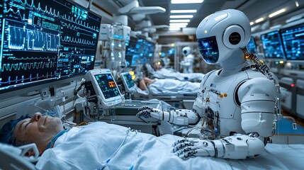 Futuristic robot assisting patient in hospital.