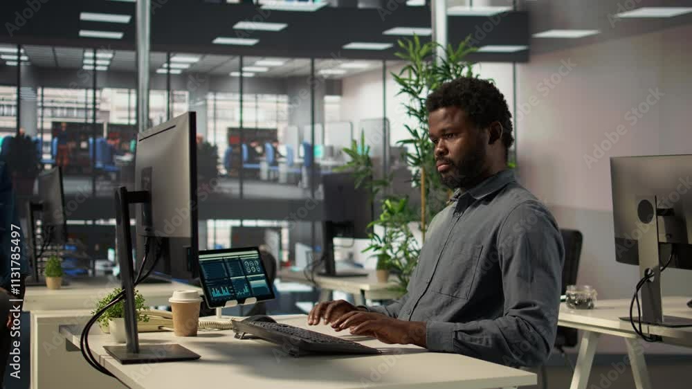 Poster black coworkers collaborating on investment strategy with data on files, ceo and assistant with exte
