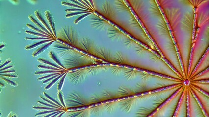 A colorful SEM scanning electron microscope image of nanostructures showing the fine details and intricate patterns of microfabricated components at an atomic scale.