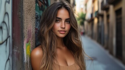 Fototapeta premium Woman with long brown hair stands in front of a wall with graffiti