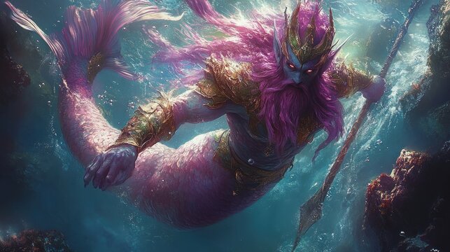 Majestic pink merman king with long hair, golden armor, and trident underwater.