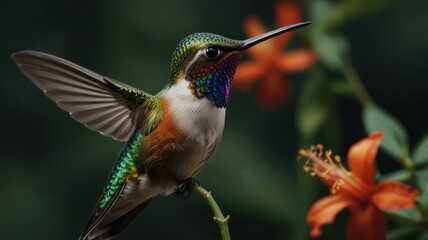 Obraz premium Vibrant hummingbird hovering near orange flowers.