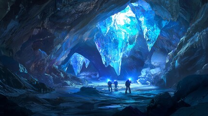 Obraz premium Explorers discover stunning ice cave subterranean environment digital artwork mystical atmosphere fantasy concept