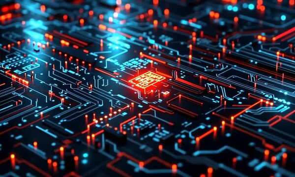 A close-up view of a futuristic circuit board illuminated with blue and red lights.