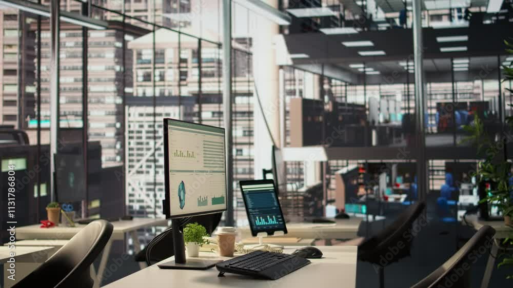 Poster empty business workplace equipped with modern tech tools to serve an enterprise, workspace in a high