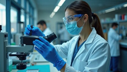 Female medical professional wearing lab coat, protective mask, safety glasses examines microscope equipment in research facility. Scientists use modern tech. Pro focus on research. Modern medical