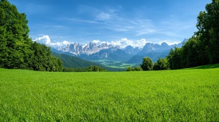 Obraz premium Serene Green Meadow with Majestic Mountain Range Panorama
