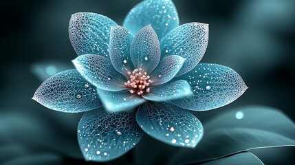 Fototapeta premium Teal flower with water droplets, intricate details, dark background.