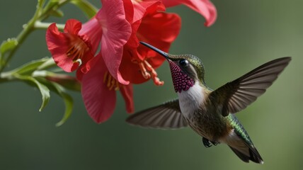Obraz premium Hummingbird feeding on red flower.