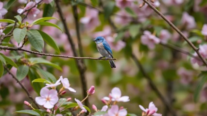 Fototapeta premium Charming Blue Bird Perched Amongst Pink Blossoms: Perfect for Nature Lovers and Spring Decor