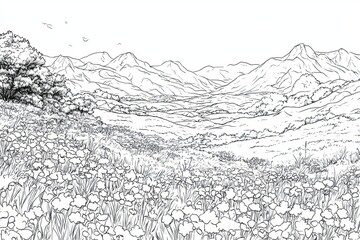 Fototapeta premium Mountain Valley Wildflower Meadow Sketch