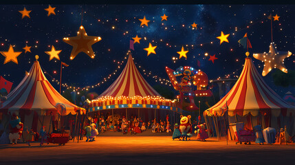 4d animated circus with colorful tents, acrobats, clowns, and a lively audience under a bright starry sky. Starry. Illustration