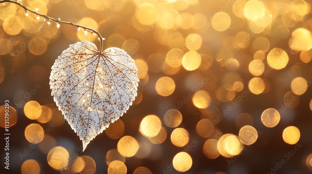 Poster frosted heart-shaped leaf with bokeh background.