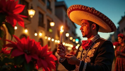 Man in traditional Mexican attire holds lit candle during evening procession. Festive lights,...