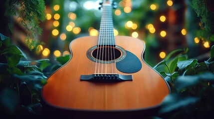 Naklejka premium Acoustic guitar in lush garden at night.
