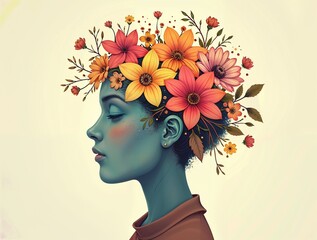 Person with Floral Headpiece Against Yellow Background