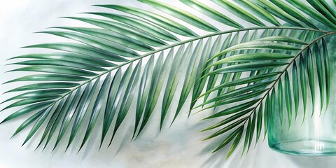 Fototapeta premium Green palm with reeded glass. Ribbed Background. White Reeded Glass. Beautiful tree decor on blurred template. Abstract illustration on clean panel for modern beauty design. Plant leaves.