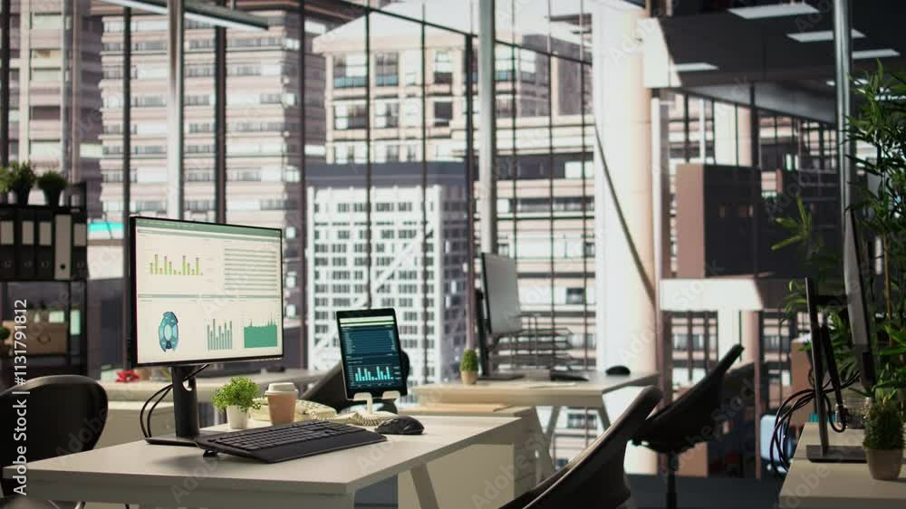 Poster empty modern workspace with advanced technology to enhance efficiency and productivity, helping busi