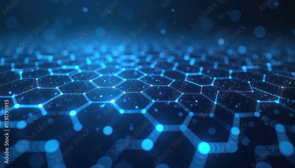 Poster abstract pattern shows glowing blue hexagon structure with light effects. hexagons interconnected by