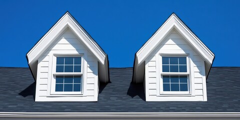 Obraz premium Stunning Gable Dormers with White Trim Against a Vibrant Blue Sky: Architectural Detail of a House Roof