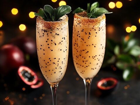 Two Passion Fruit Cocktails Garnished With Leaves