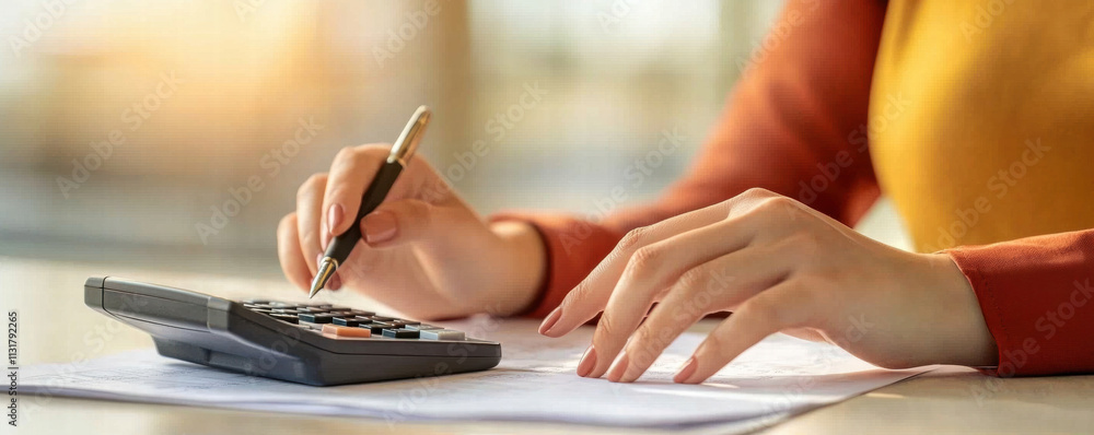 Aufkleber tax submit finance concept. a person using a calculator while working with documents in a well-lit s