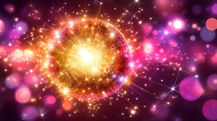Fototapeta premium Glowing sphere with vibrant energy bursts and bokeh.