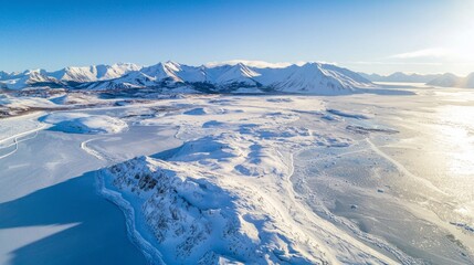 Soaring high above the breathtaking Arctic wilderness reveals endless snow drifts and towering mountains illuminated by the winter sun, capturing the essence of this serene, remote environment