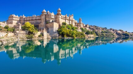 Obraz premium Majestic Chittorgarh Fort Palace Rajasthan India Lake Reflection