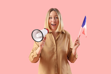 Female French language teacher with flag and megaphone on pink background