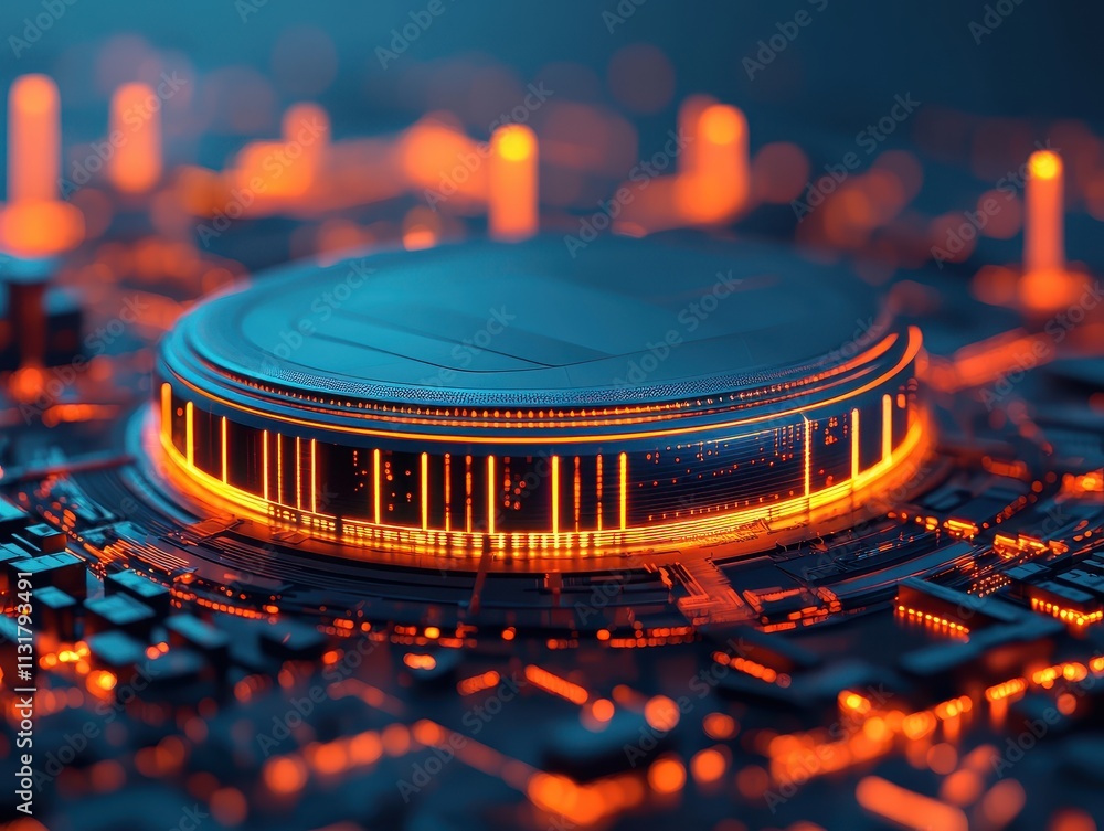 Poster a futuristic digital cityscape featuring a glowing circular structure surrounded by intricate circui