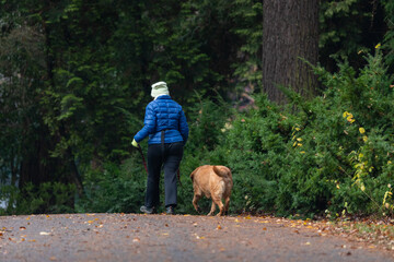 A woman in a blue puffer jacket and white beanie walks her golden retriever along a tranquil park...