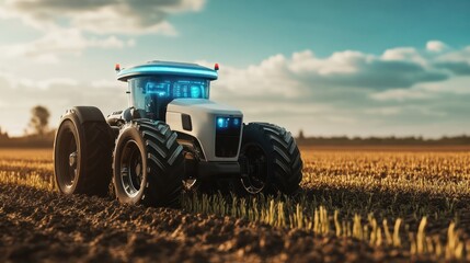 Obraz premium Modern tractor in a field under a blue sky