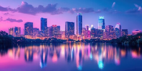 Fototapeta premium Austin Texas Cityscape at Twilight Stunning Skyline Reflection on Lady Bird Lake