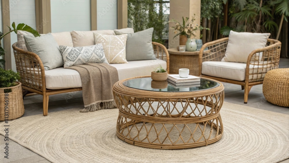 Aufkleber an elegant rattan coffee table complements the lowlying seating area surrounded by an array of cozy 