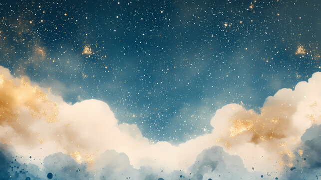Fondo azul y beige con degradado y desvanecido con destellos y luces en color dorado con espacio de copia cielo con nubes y estrellas papel tapiz o invitacion digital. Cerulean. Illustration