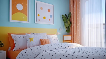 Colorful Bedroom Featuring a Polka Dot Bed and Abstract Art