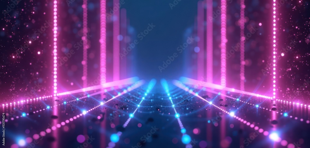 Poster abstract futuristic tech background shows vertical purple, blue gradient lights. glowing dots create